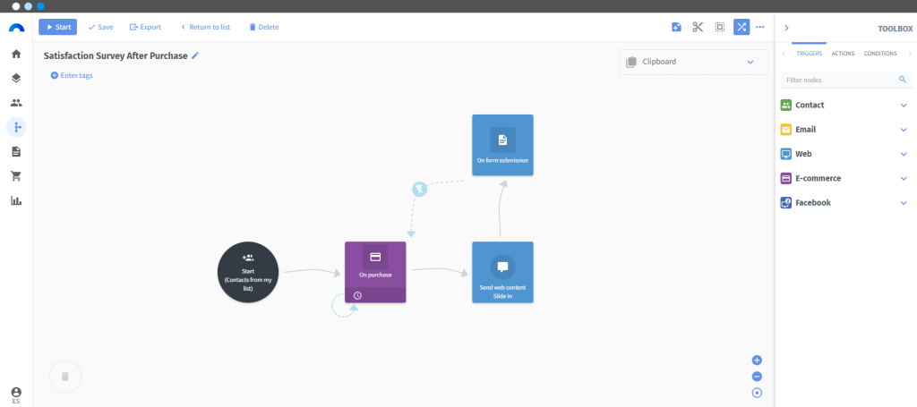 Workflow de Connectif para enviar una encuesta de satisfacción