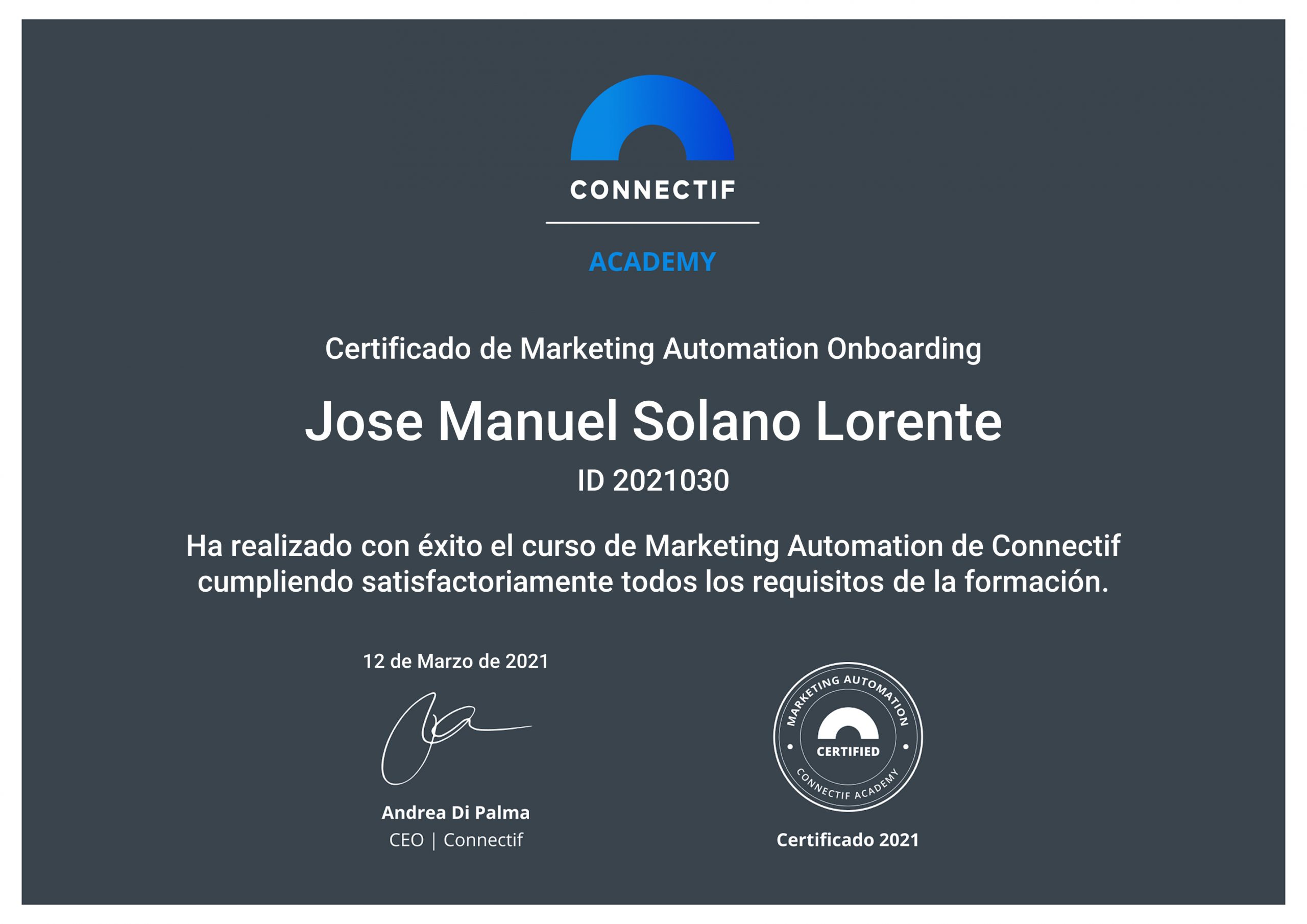 Certificado de Marketing Automation - Jose Manuel Solano Lorente -  Connectif Marketing Automation